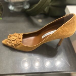 Manolo Blahnik Tan Suede Heels with Floral Detail